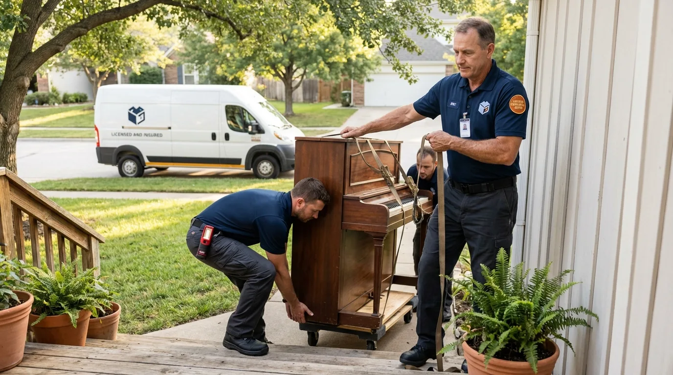 Licensed piano movers securing grand piano in Wagoner, OK